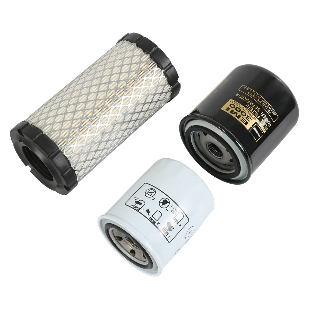 Set of replacement filters: pleated air filter, dark oil filter, and white fuel filter, close-up