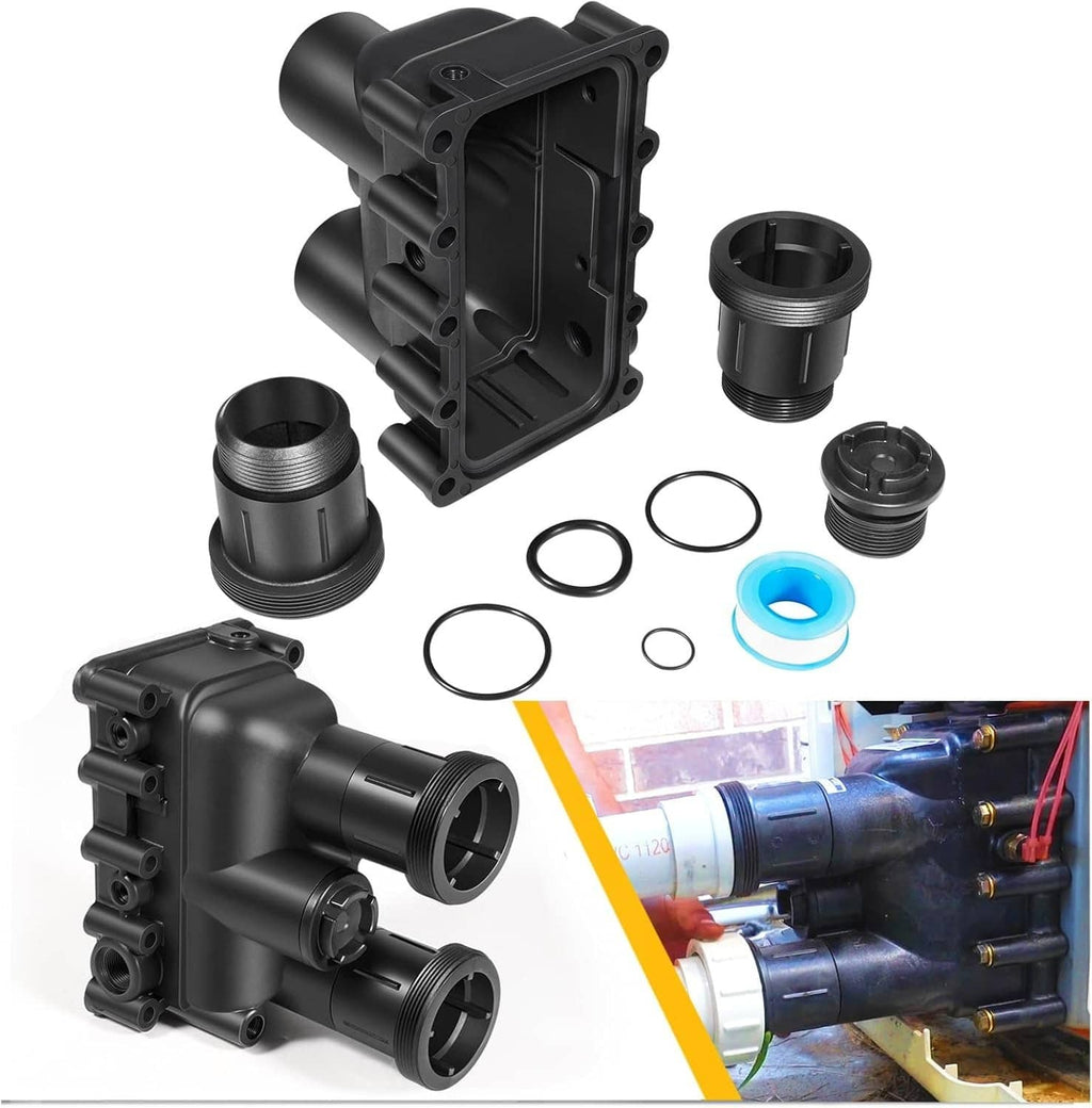 Manifold shell parts laid out with threaded adapters, o-rings, and blue gasket
