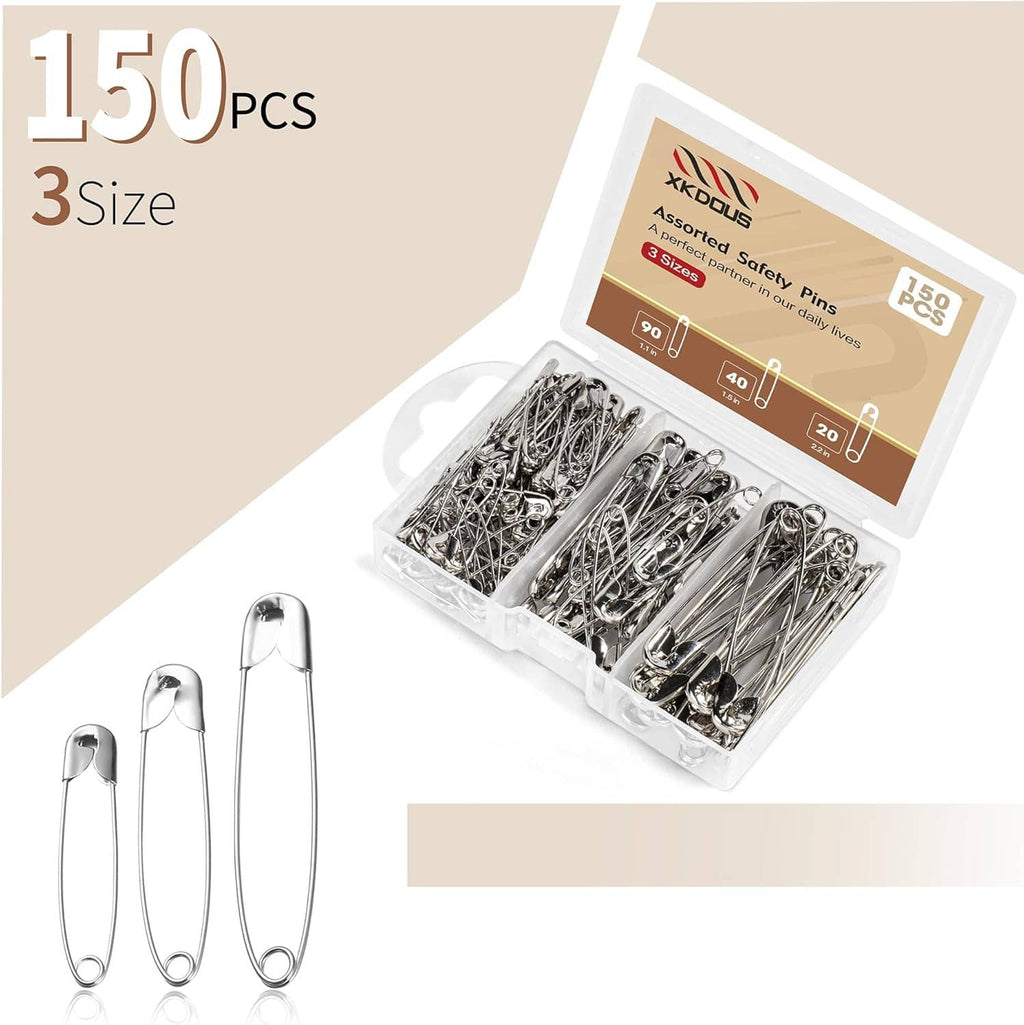 150-piece assortment of silver safety pins with three size pins shown alongside box