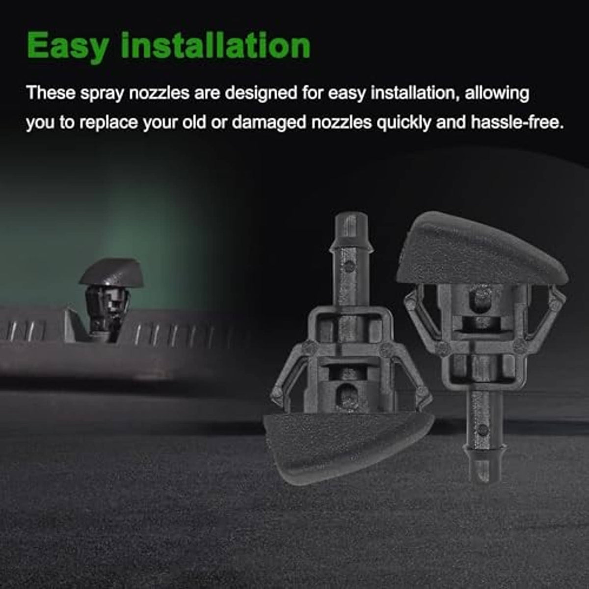 Windshield washer fluid jet nozzle pair with spray caps and brackets, side view