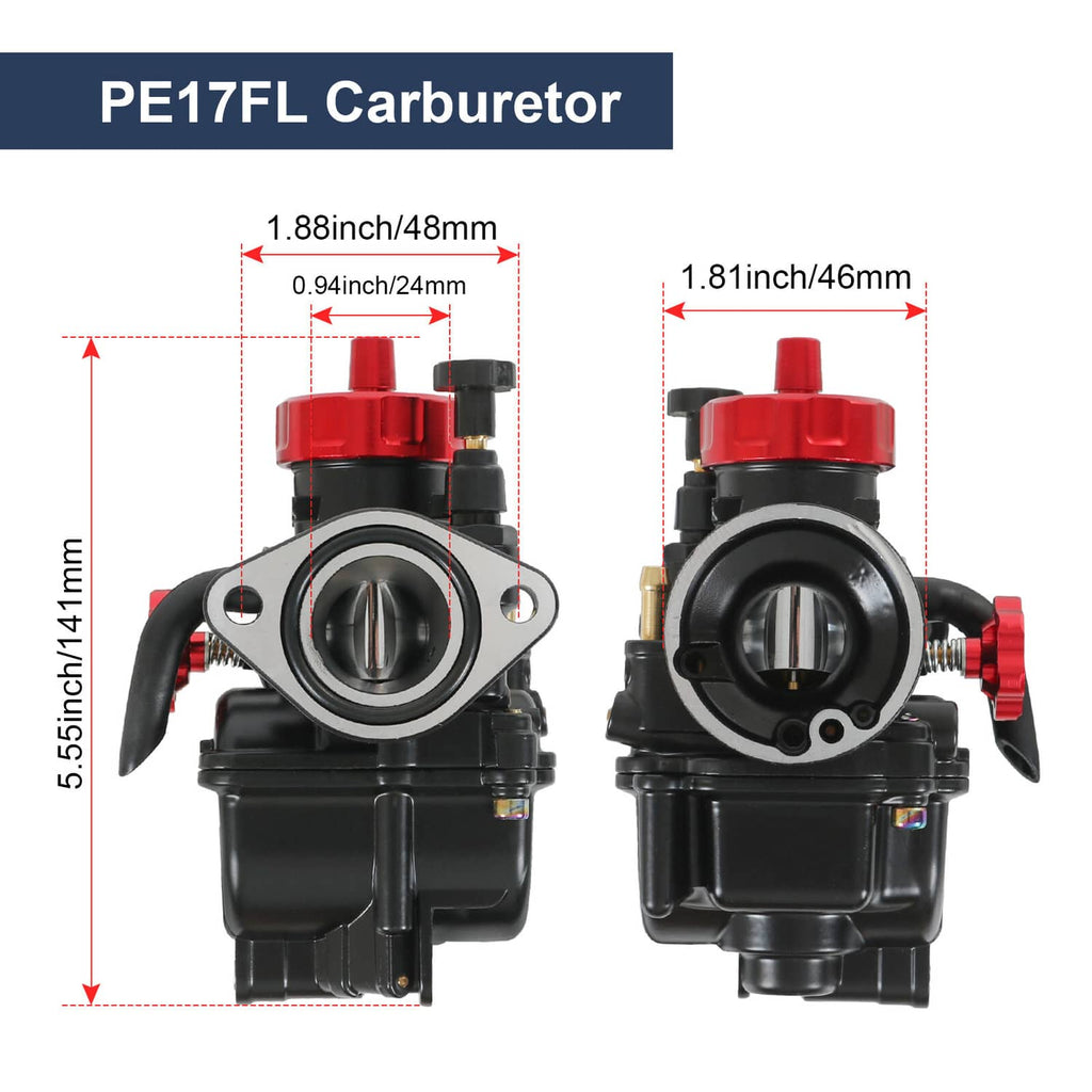 PE17FL flange carburetor with red top and black body, shown from front and side