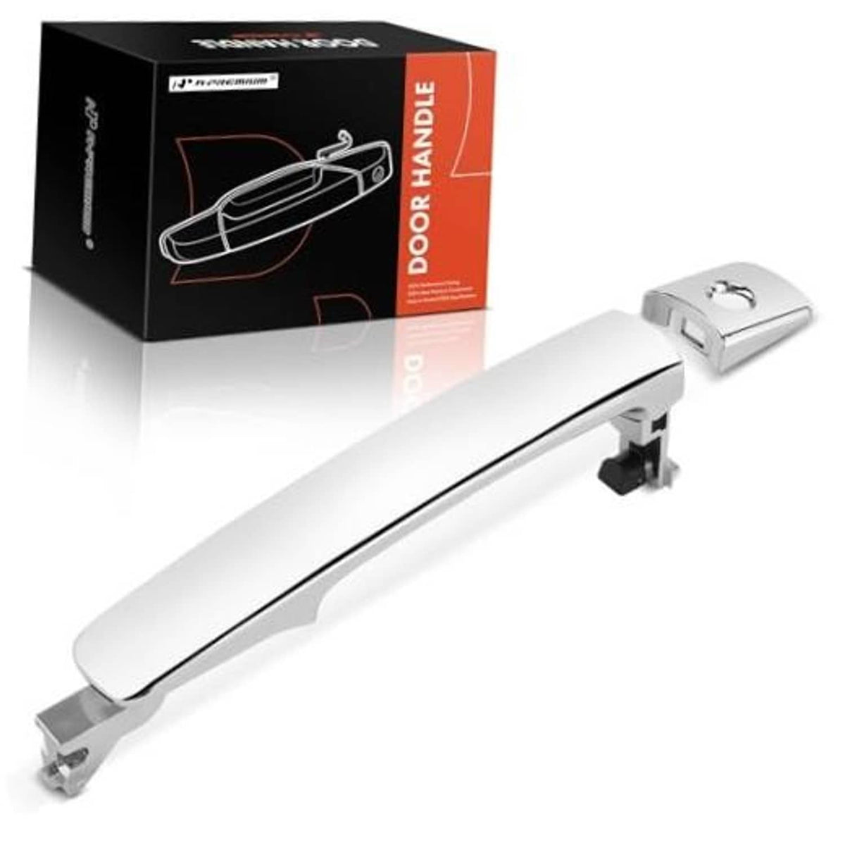 Exterior door handle with keyhole, silver chrome finish, front-left driver side