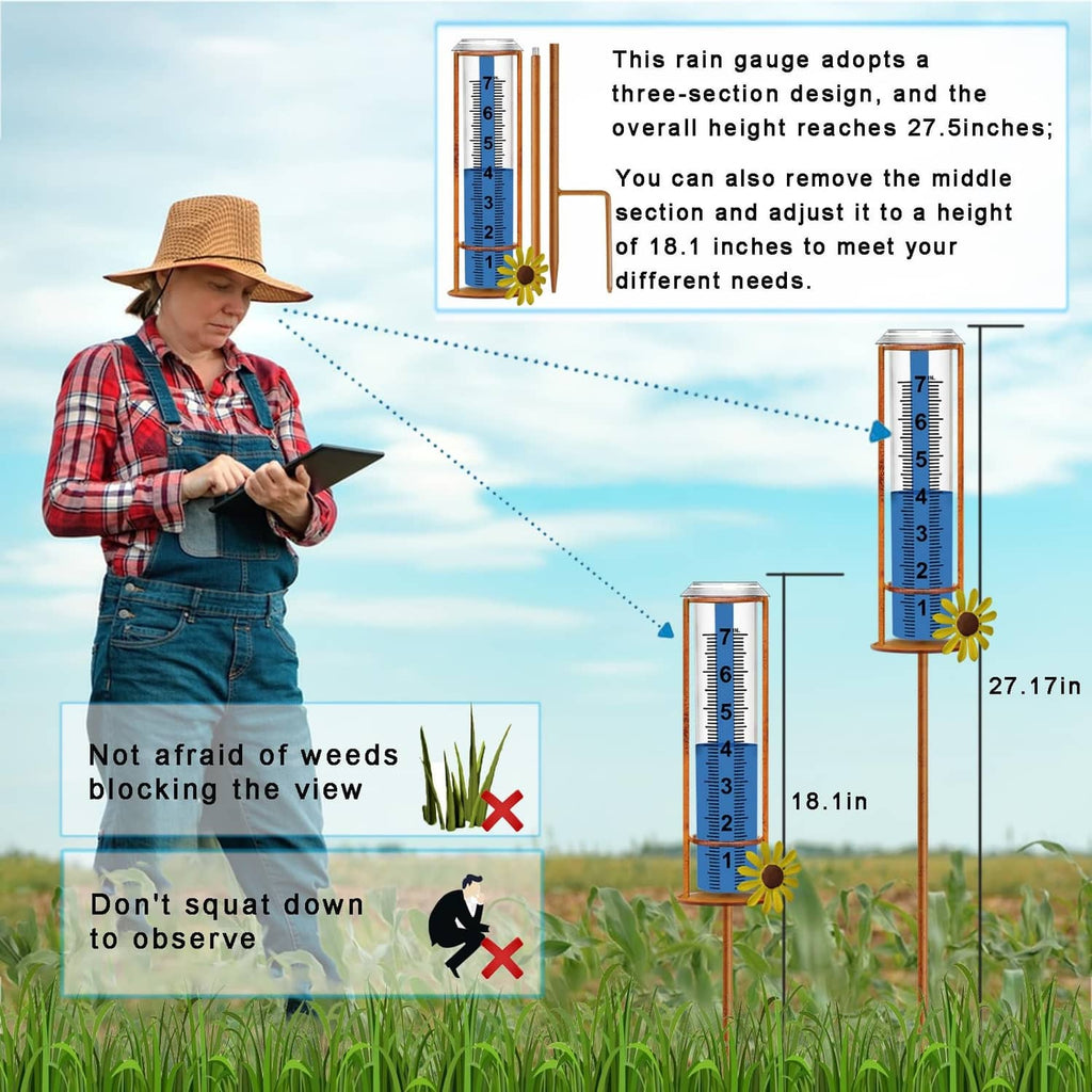 Outdoor rain gauge on ground stake, blue scale, brown frame, and flower accents