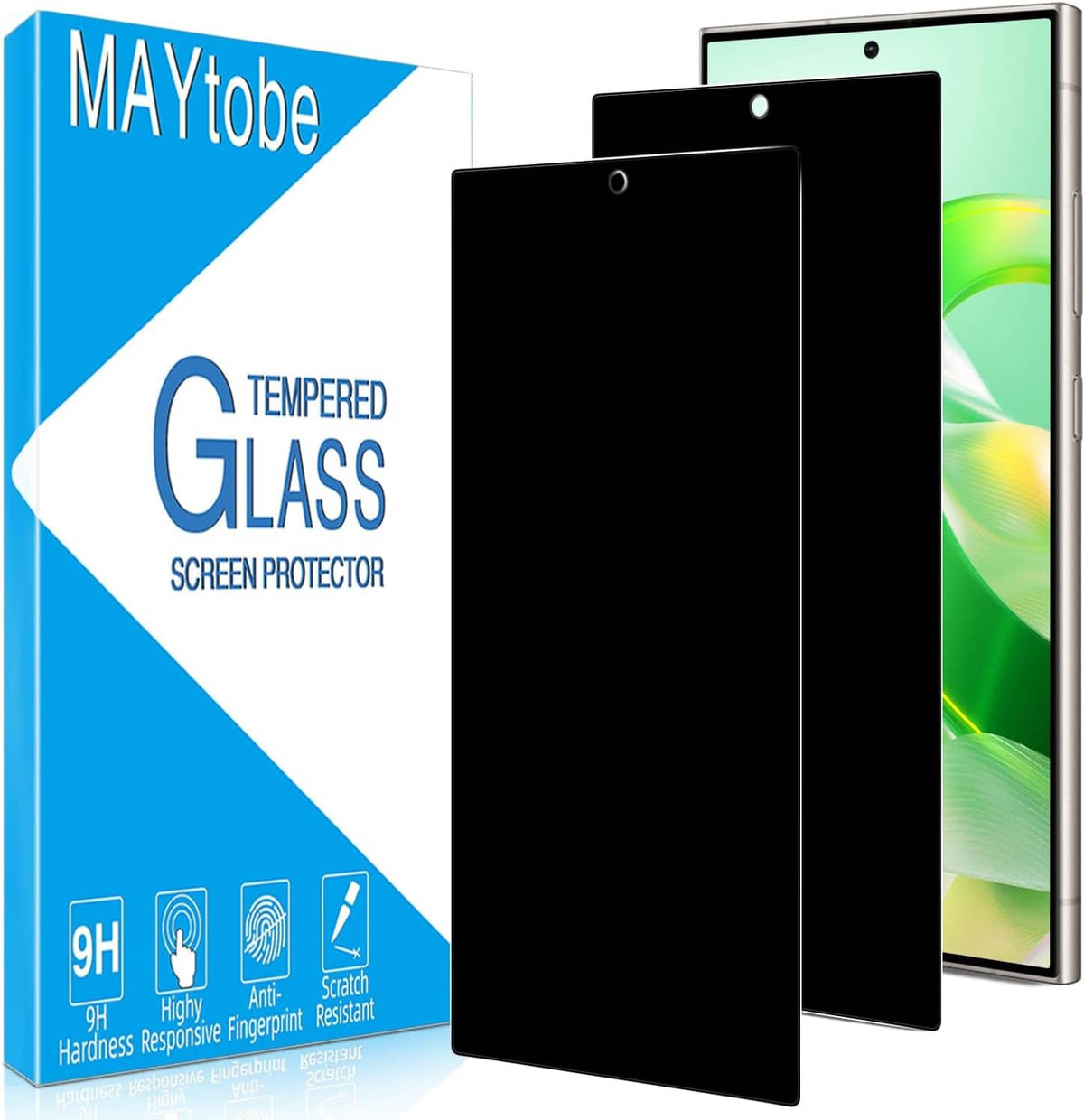 Tempered glass privacy screen protector set with two black screen films and box