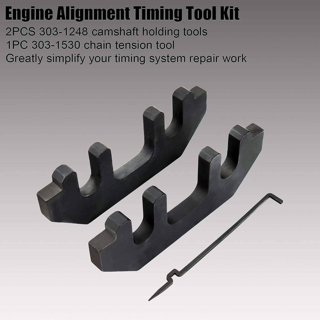 Pair of black engine timing camshaft holding tools with alignment pin