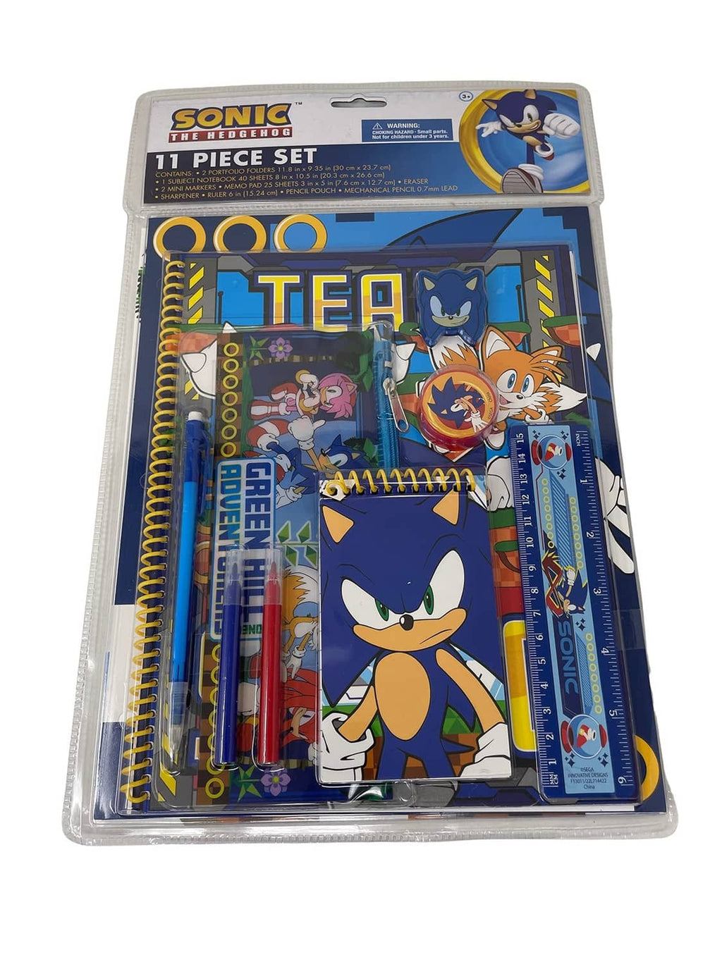 Sonic 11-piece kids backpack accessories set in blister pack with stationery items