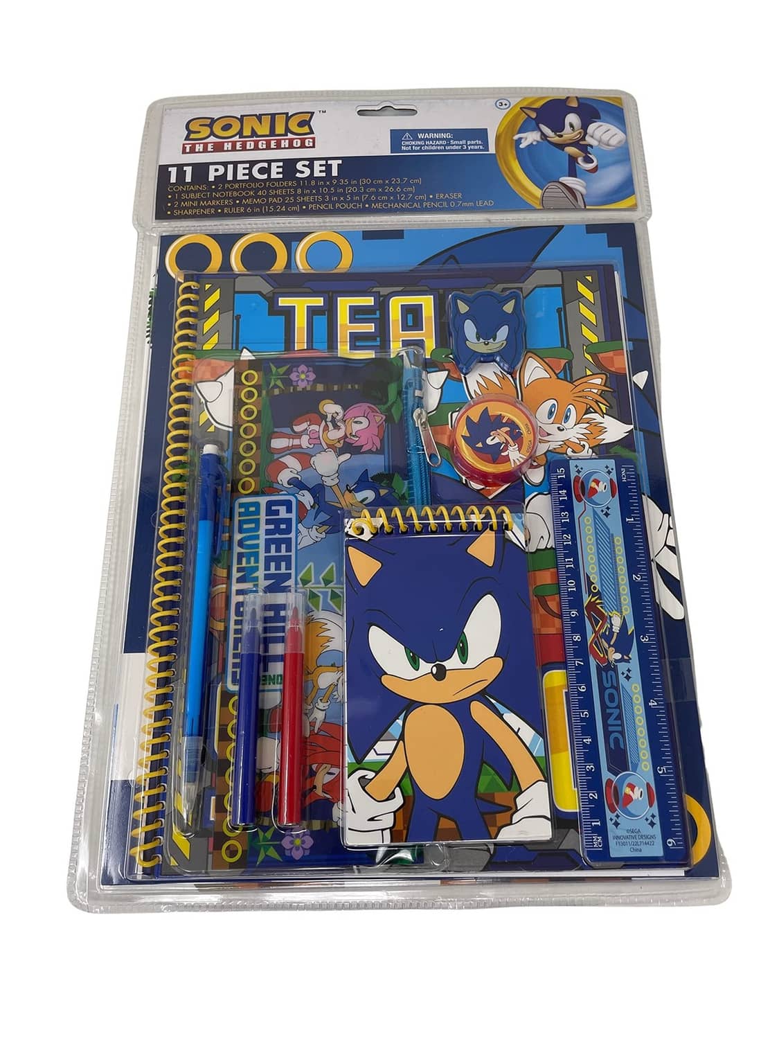 Sonic 11-piece kids backpack accessories set in blister pack with stationery items