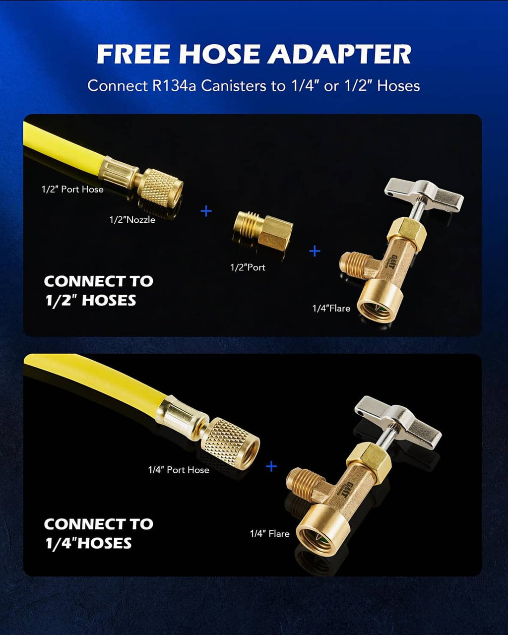 Brass hose adapter fittings with flare and port threads for R134a can taps