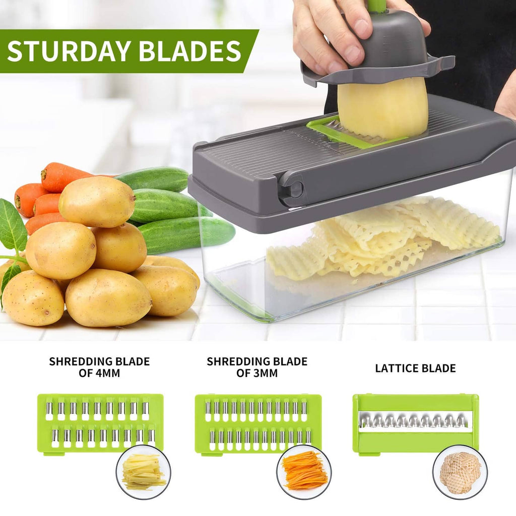 Vegetable chopper showing shredding and latticing blades; hand holding food in gray unit