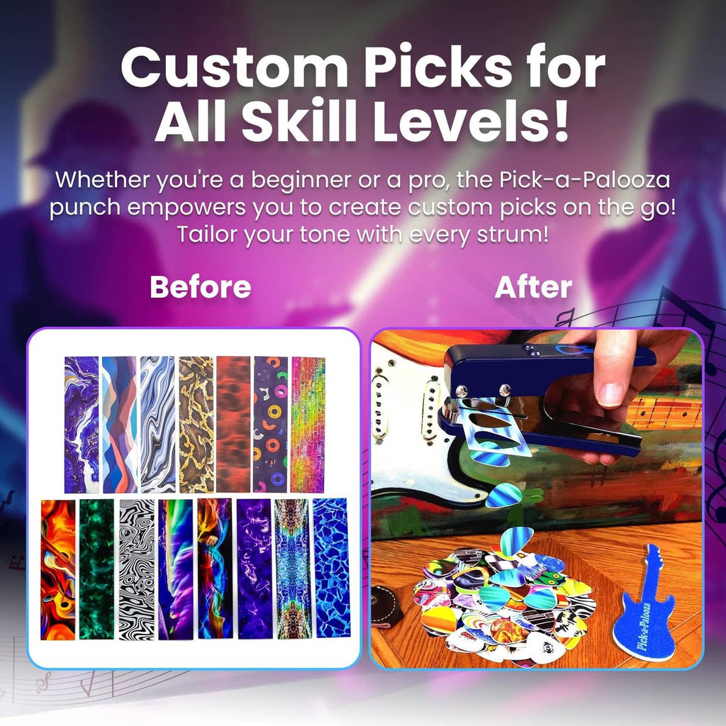 Blue Pick-a-Palooza punch creating colorful custom guitar pick designs
