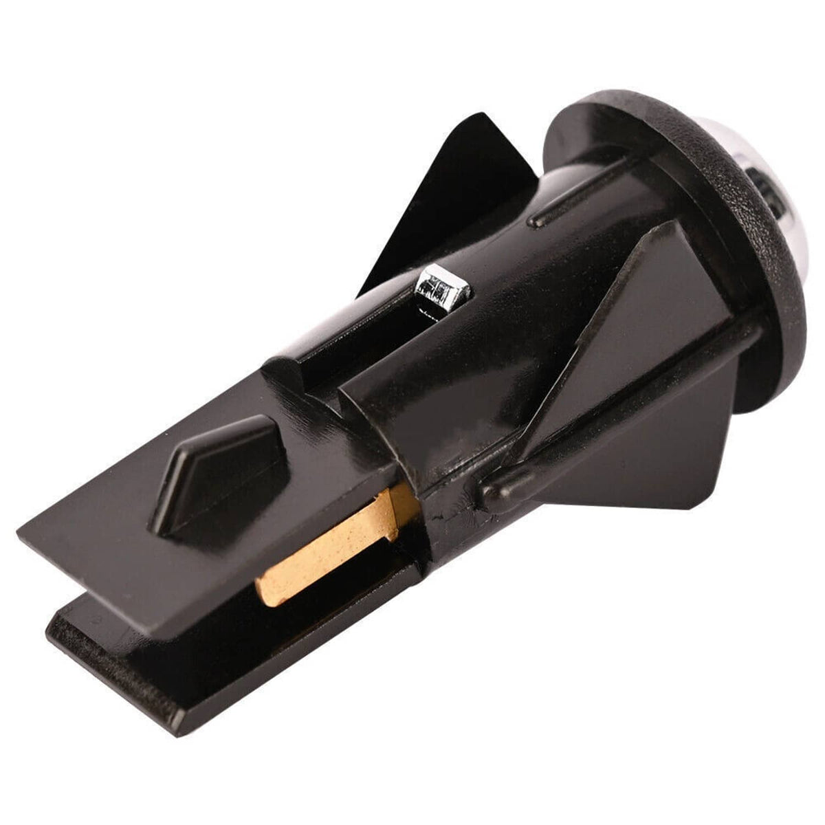 Fuel door release switch with black body and brass contact strip, end view