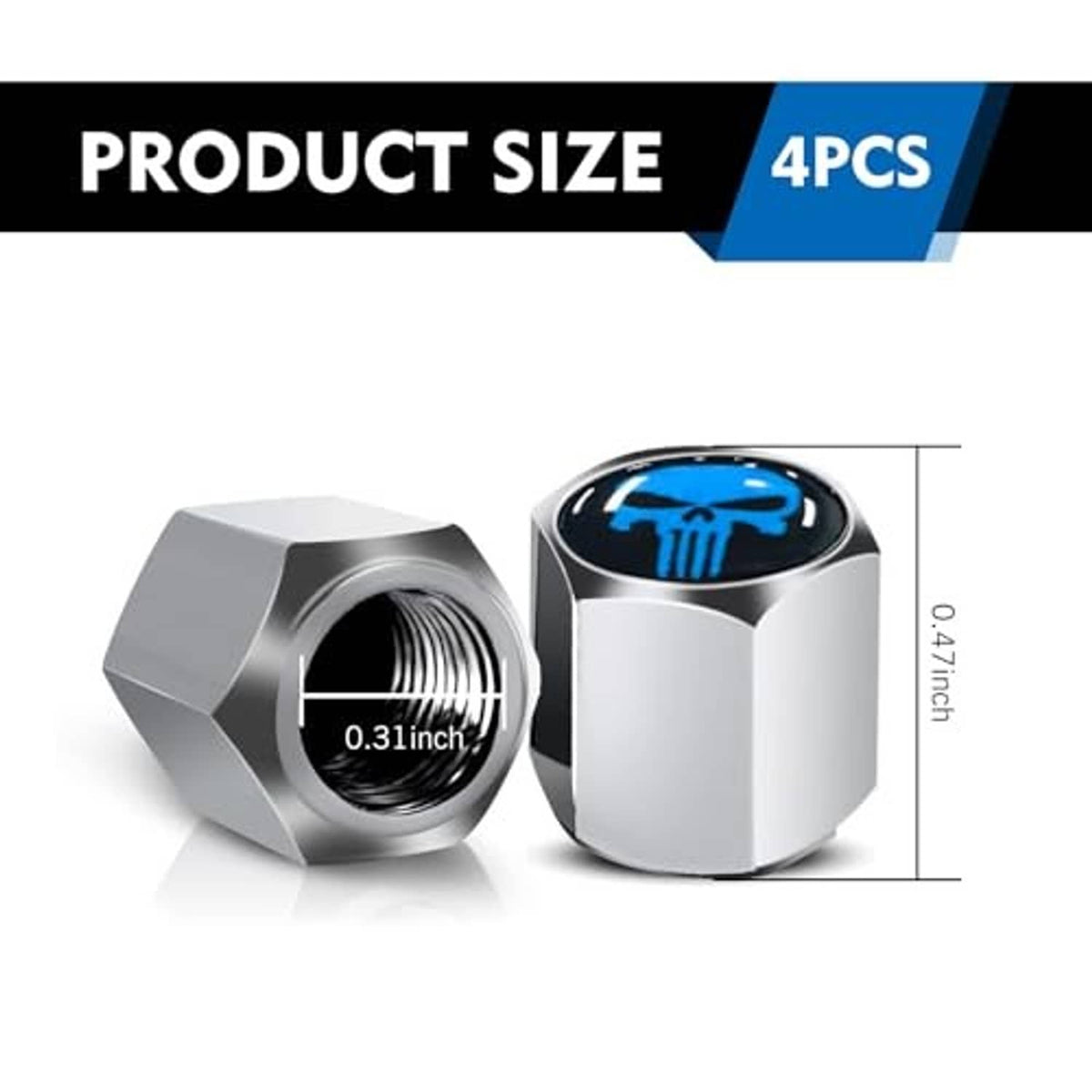 Pair of silver tire valve caps with blue skull emblem and threaded opening