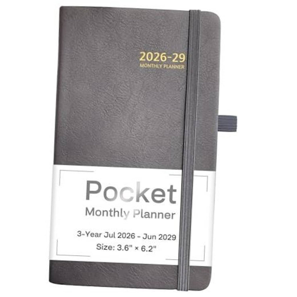 Gray pocket monthly planner with 2026-29 cover and elastic strap