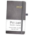 Gray pocket monthly planner with 2026-29 cover and elastic strap