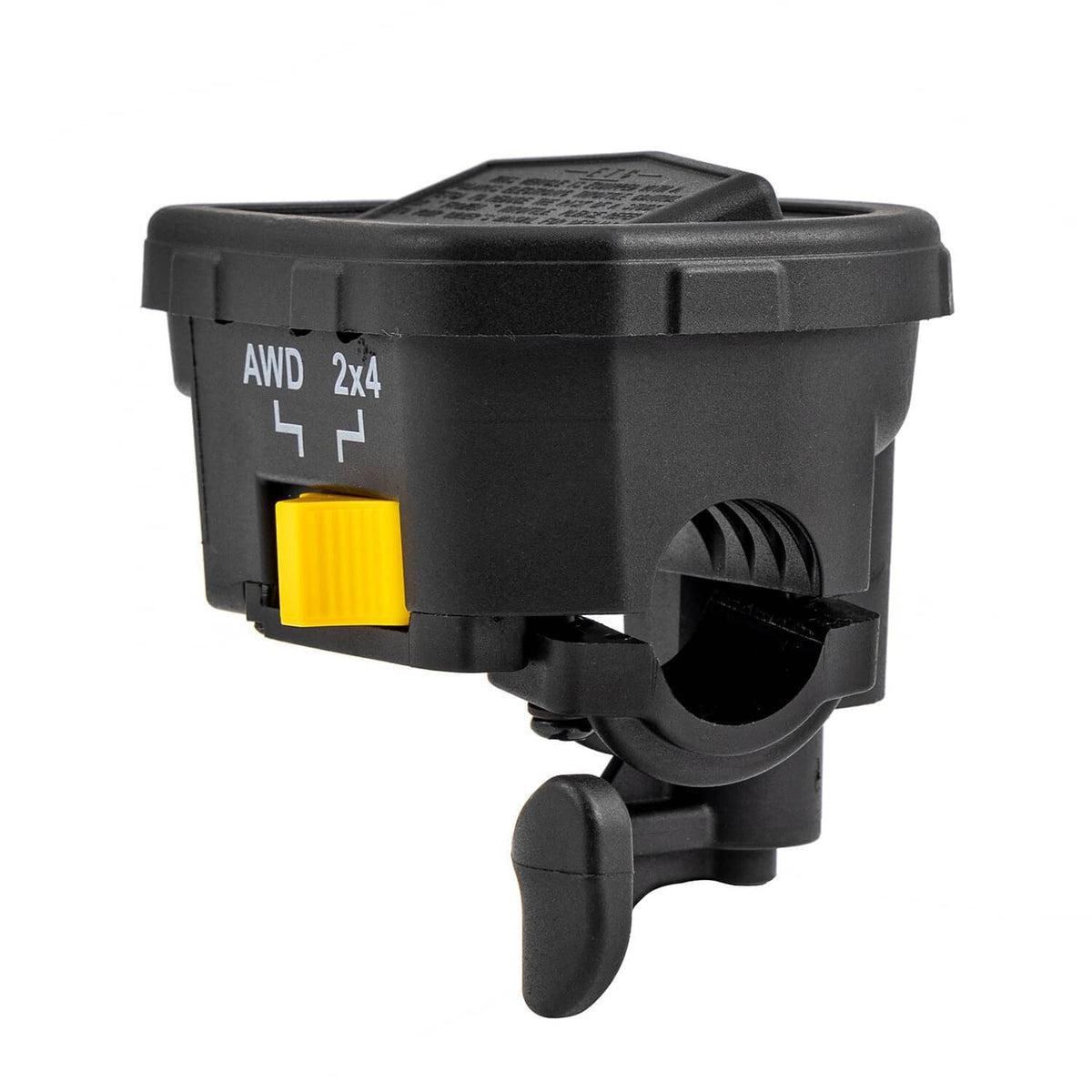 Thumb throttle lever with black body, yellow lever piece, and AWD 2x4 arrows; front angle