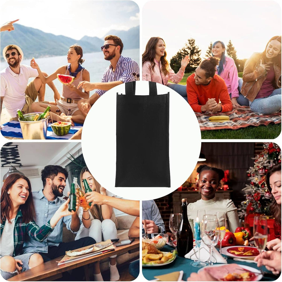 Black reusable wine tote bag with carry handles, centered on a collage