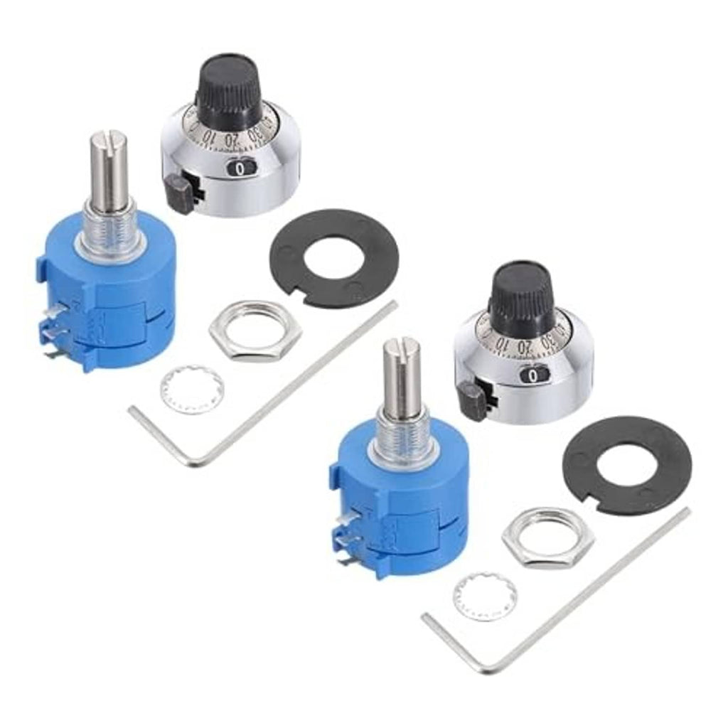 Two-piece precision potentiometer set with blue housings, silver tops, black adjustment knobs