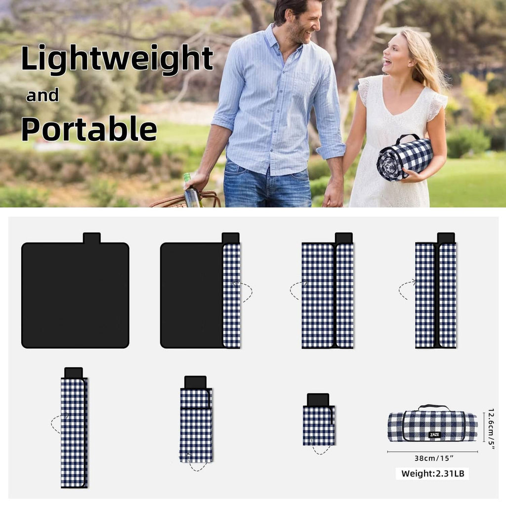 Blue and white gingham portable blanket, folded storage sizes shown