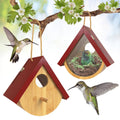 Red wooden hummingbird bird house, teardrop body with circular entrance, hanging