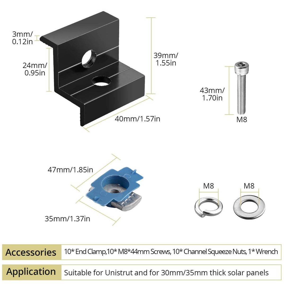 Black solar panel end clamp with M8 bolt, washers, and sizing diagram