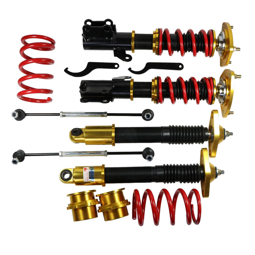 Coilover shock struts with red springs and gold mounts, plus metal bracket pieces