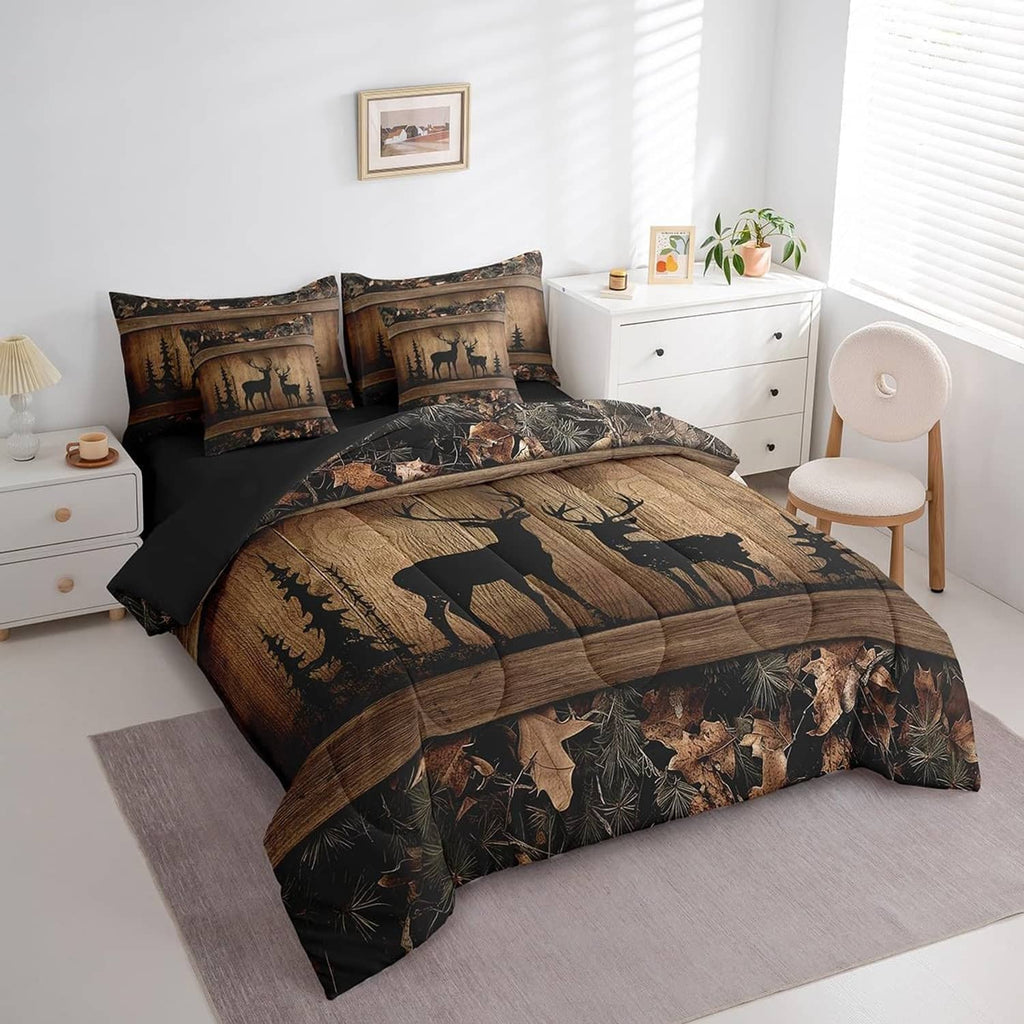 Queen camo hunting deer bedding set with comforter and two patterned pillow shams