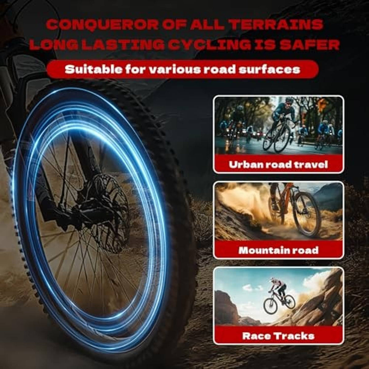 Bike inner tube safety graphic with blue highlighted inner tube for various road surfaces