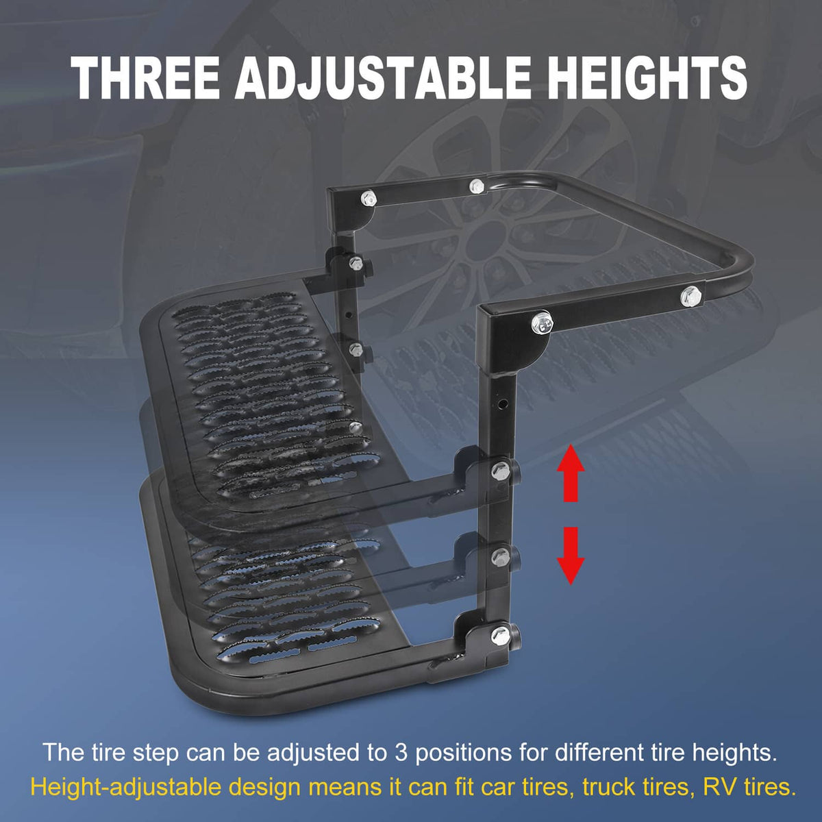 Black adjustable tire step with multi-height support frame and ribbed tread platform