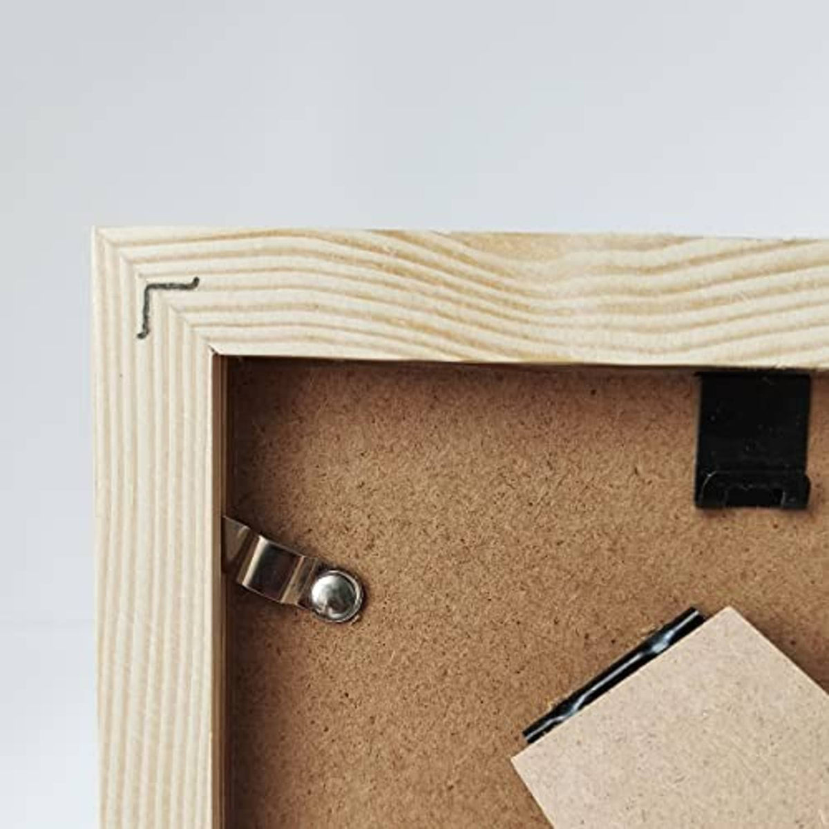 6x6 square solid wood photo frame corner close-up with metal clip and insert