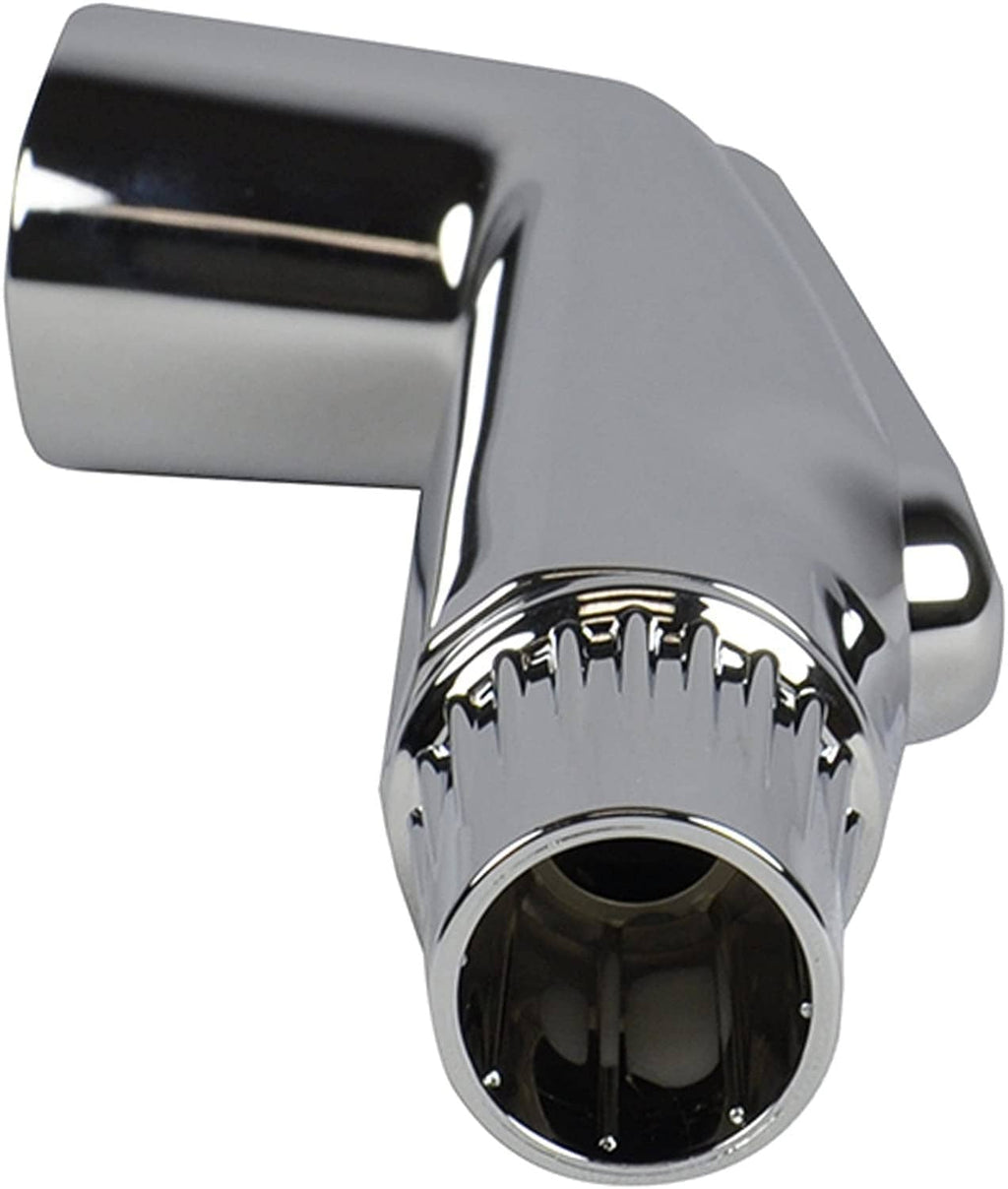 Chrome spray head end view with circular opening and shiny reflective surface.