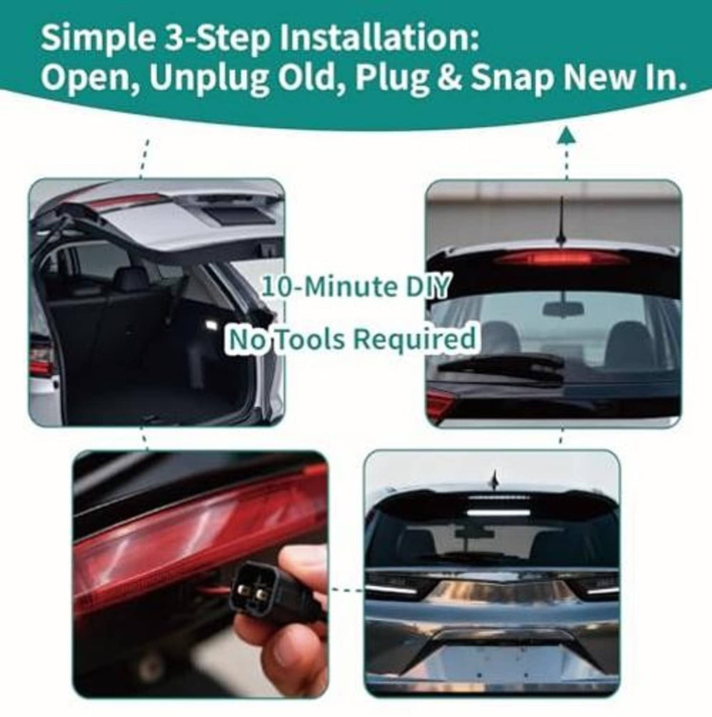 LED third brake light installed on rear roof with visible wiring plug connector.