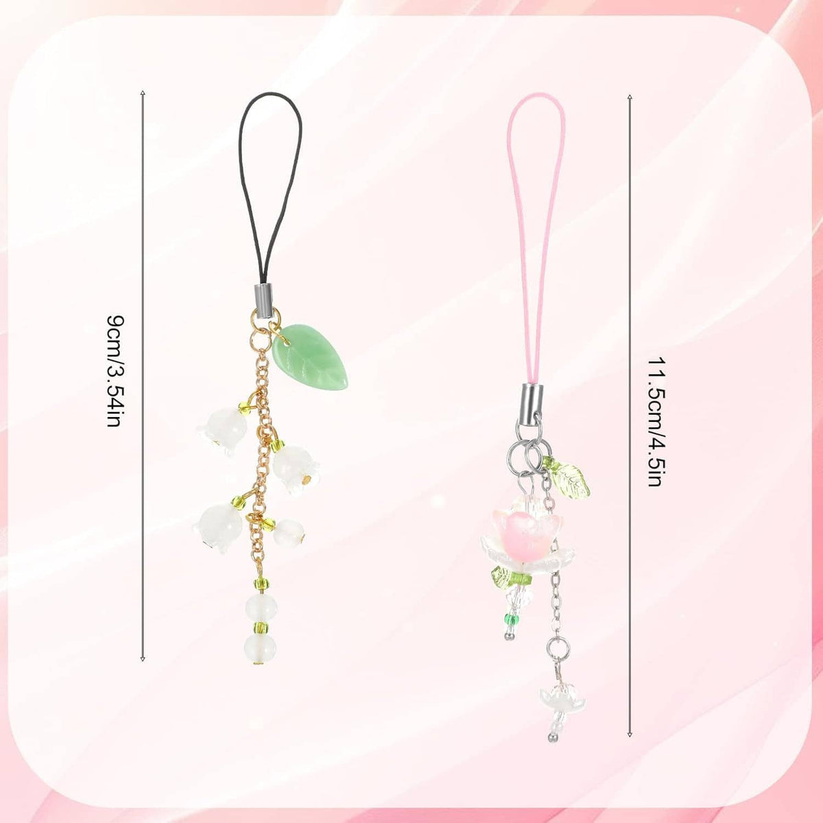 Two phone charm lanyards with dangling pink and green crystal flower bead charms, 9.3 and 11.4 in