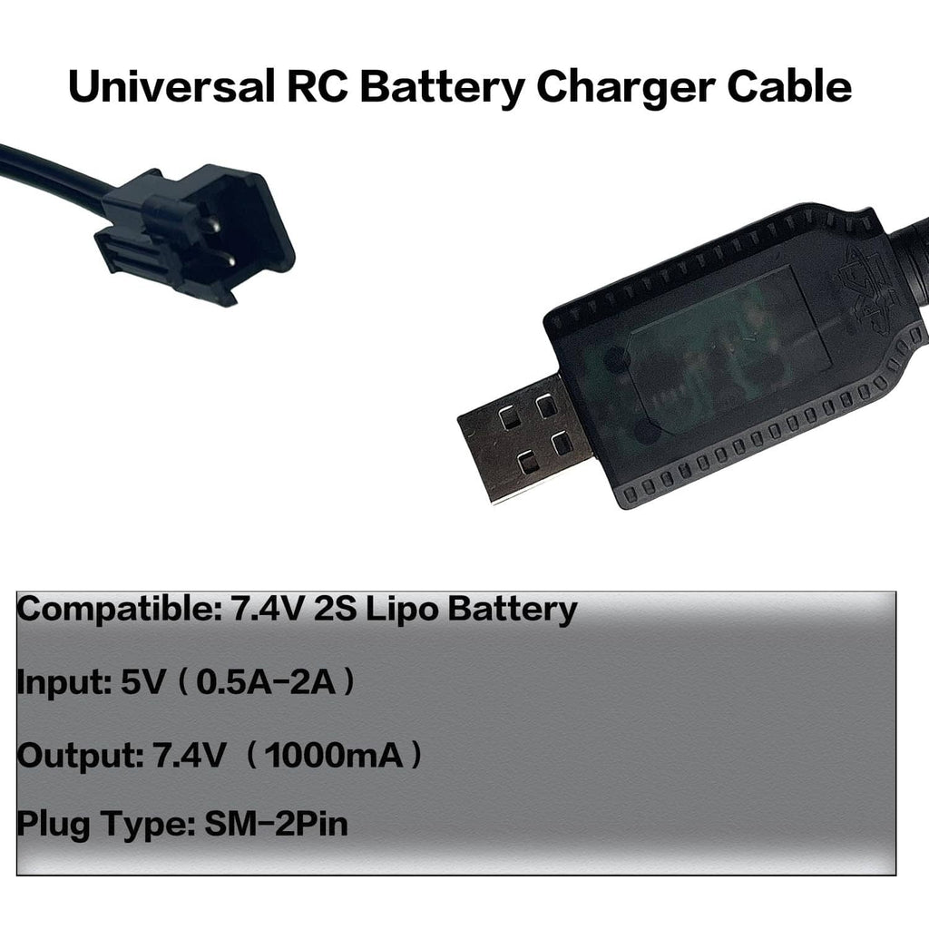 Universal RC battery charger cable with SM-2PIN connector and inline USB output label