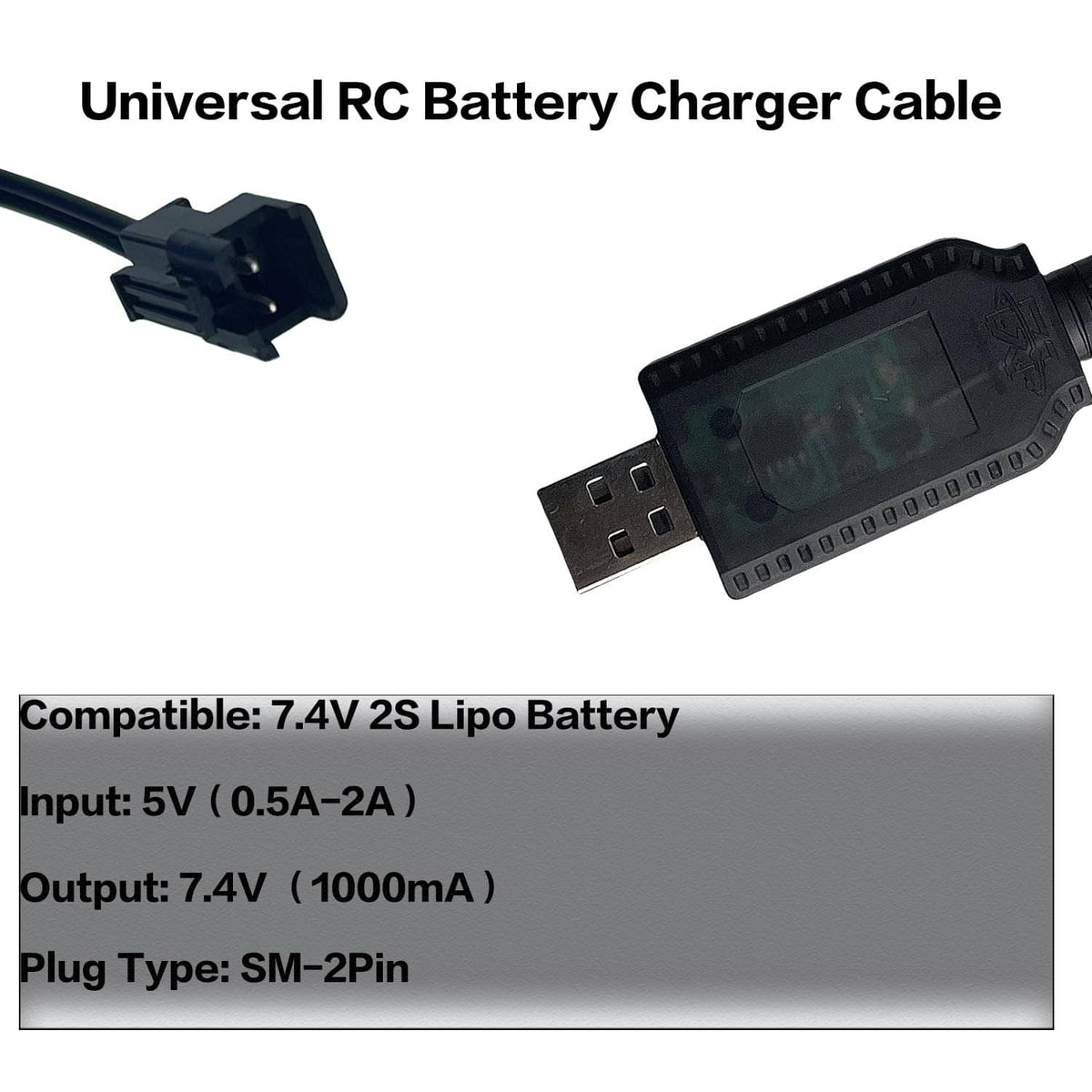 Universal RC battery charger cable with SM-2PIN connector and inline USB output label