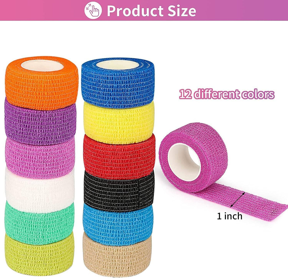 Self-adhesive elastic bandage tape rolls in multiple colors, 1 purple strip shown