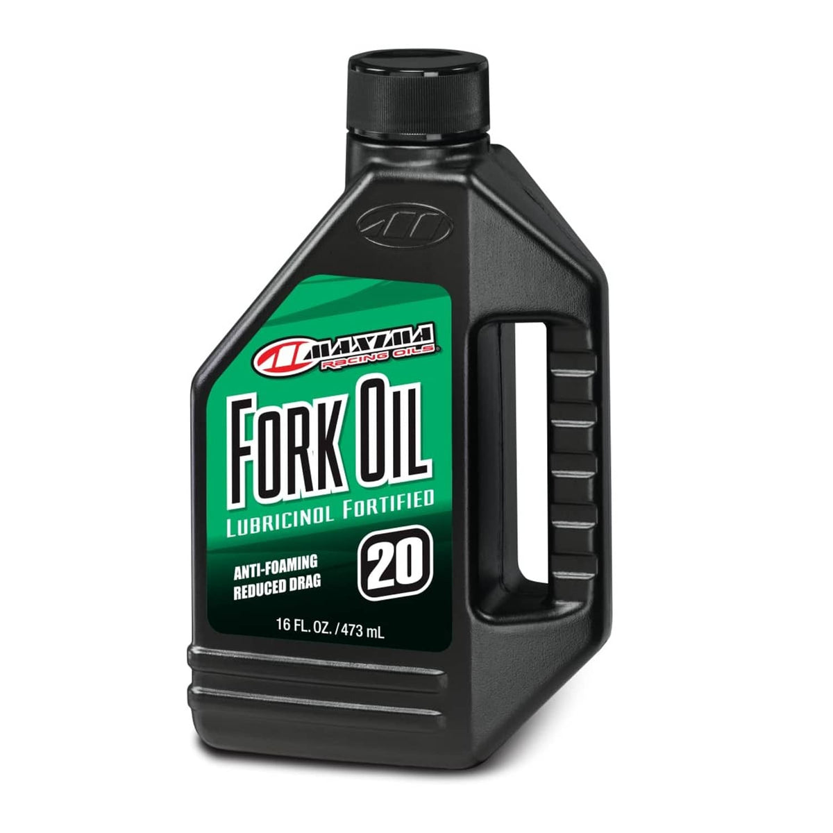 Hydraulic fork oil bottle, black with green label, anti-foaming 20W, 16 fl oz