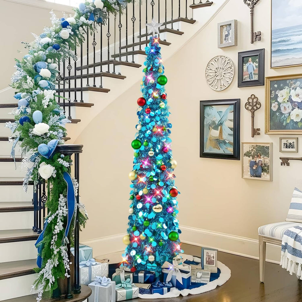 6ft blue LED pop-up Christmas tree with star topper and colorful ornament lights
