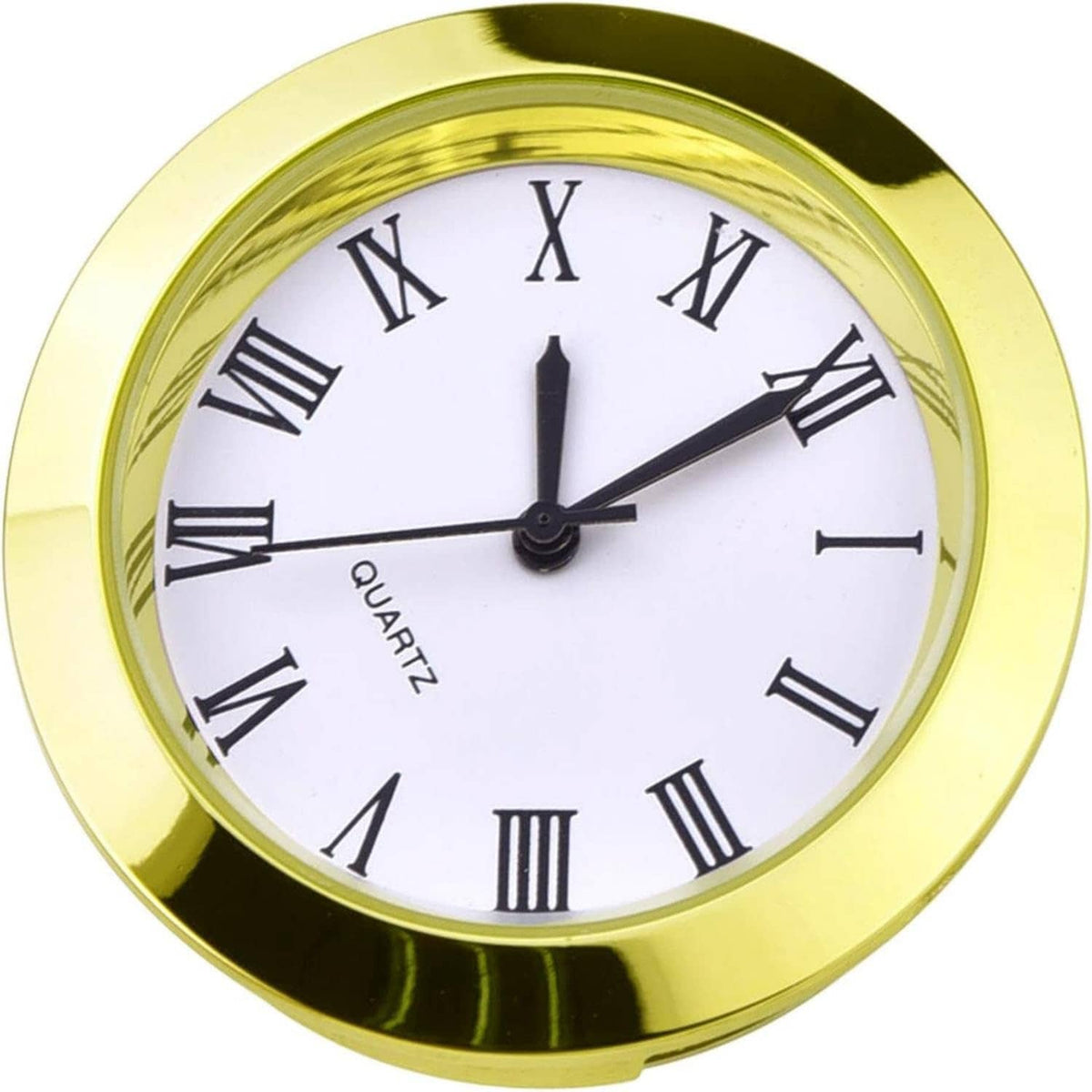 Round quartz clock insert with gold bezel and white dial, black Roman numerals and centered hands