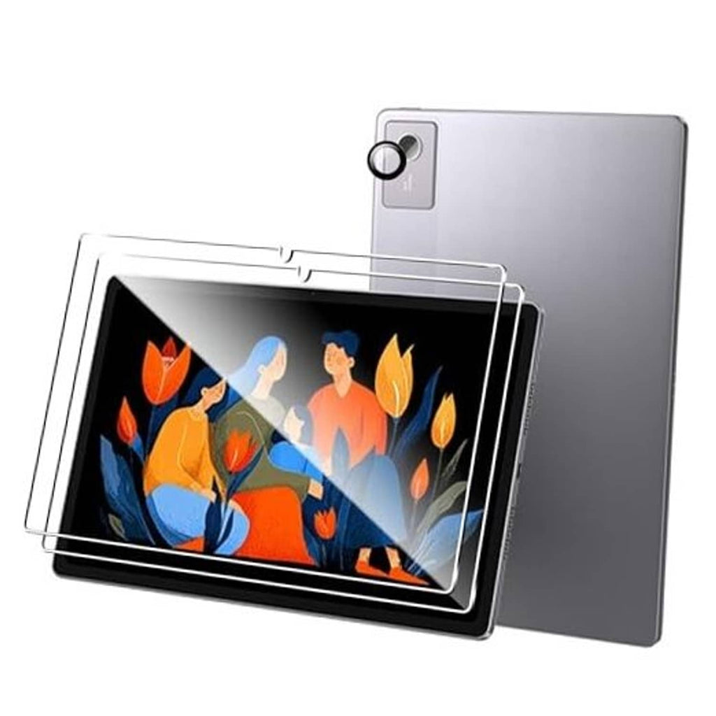 Transparent tablet screen protector with camera cutout, covering the tablet display