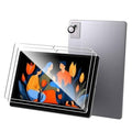 Transparent tablet screen protector with camera cutout, covering the tablet display