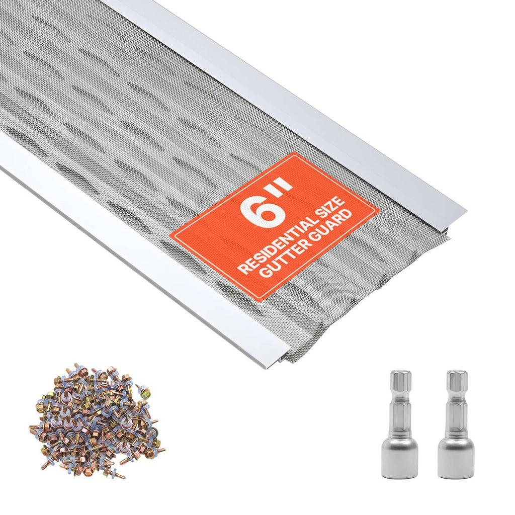 Steel mesh gutter guard panel with end caps and small debris pile shown