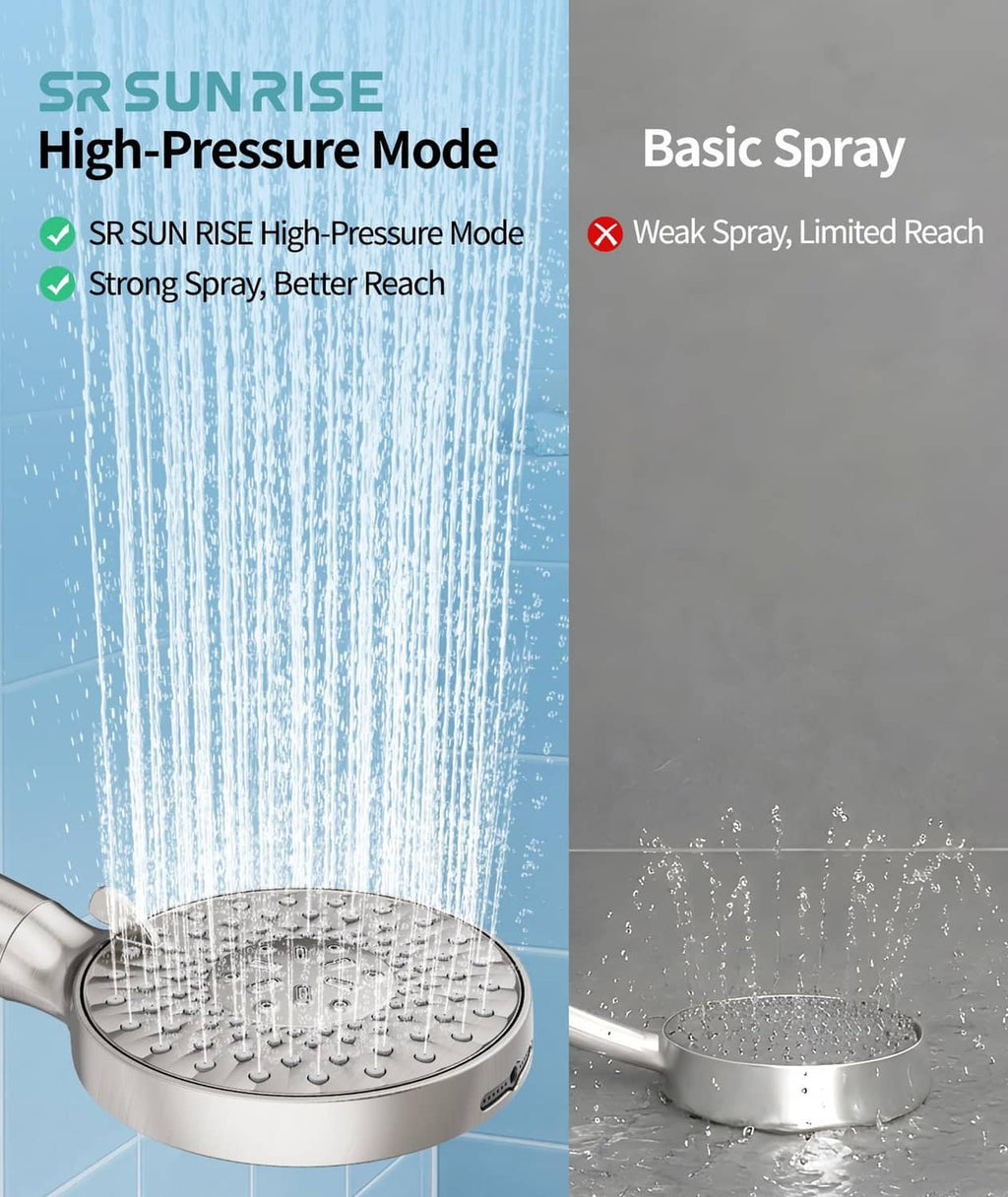 Brushed nickel handheld shower head showing high-pressure spray and basic spray
