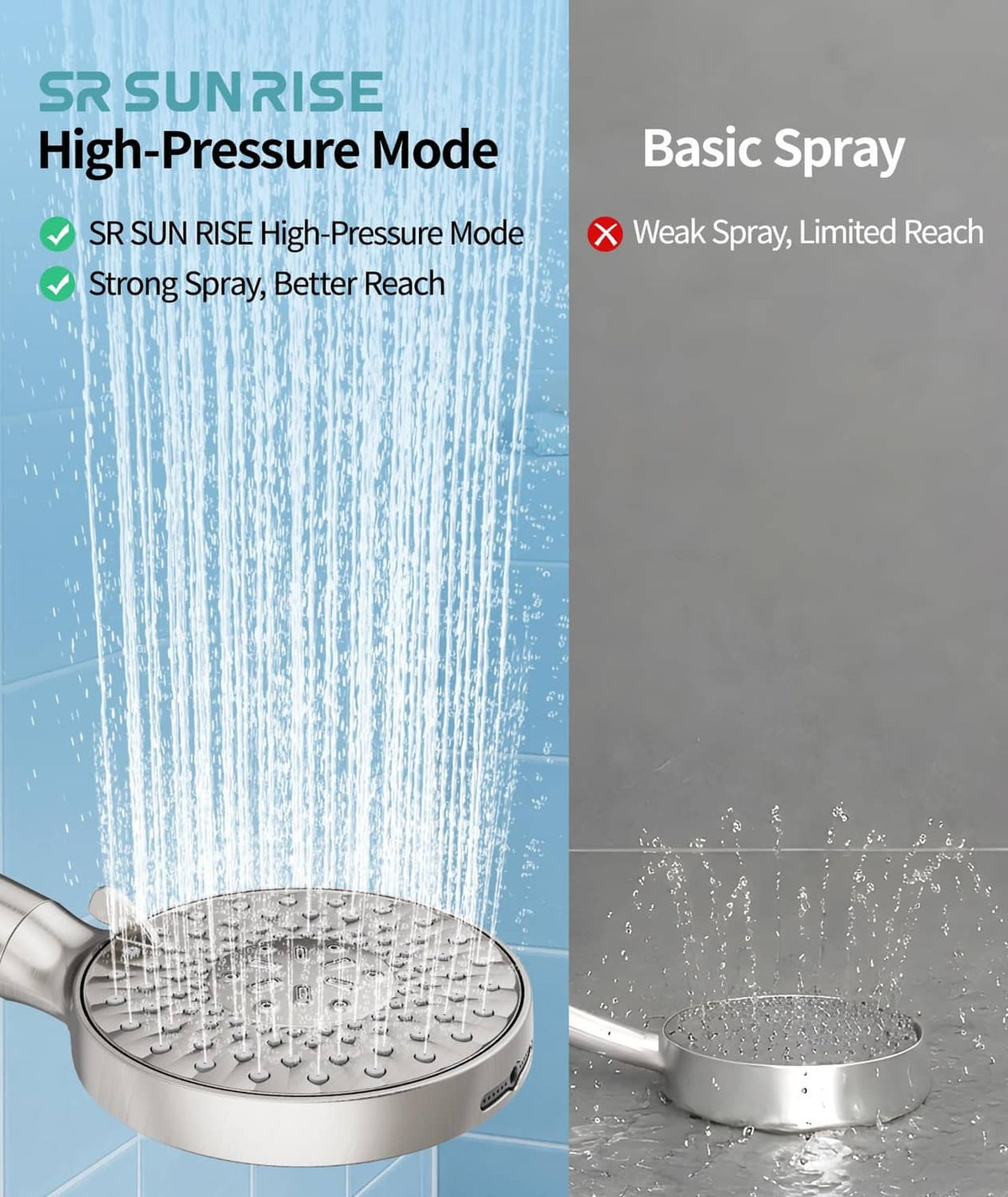Brushed nickel handheld shower head showing high-pressure spray and basic spray