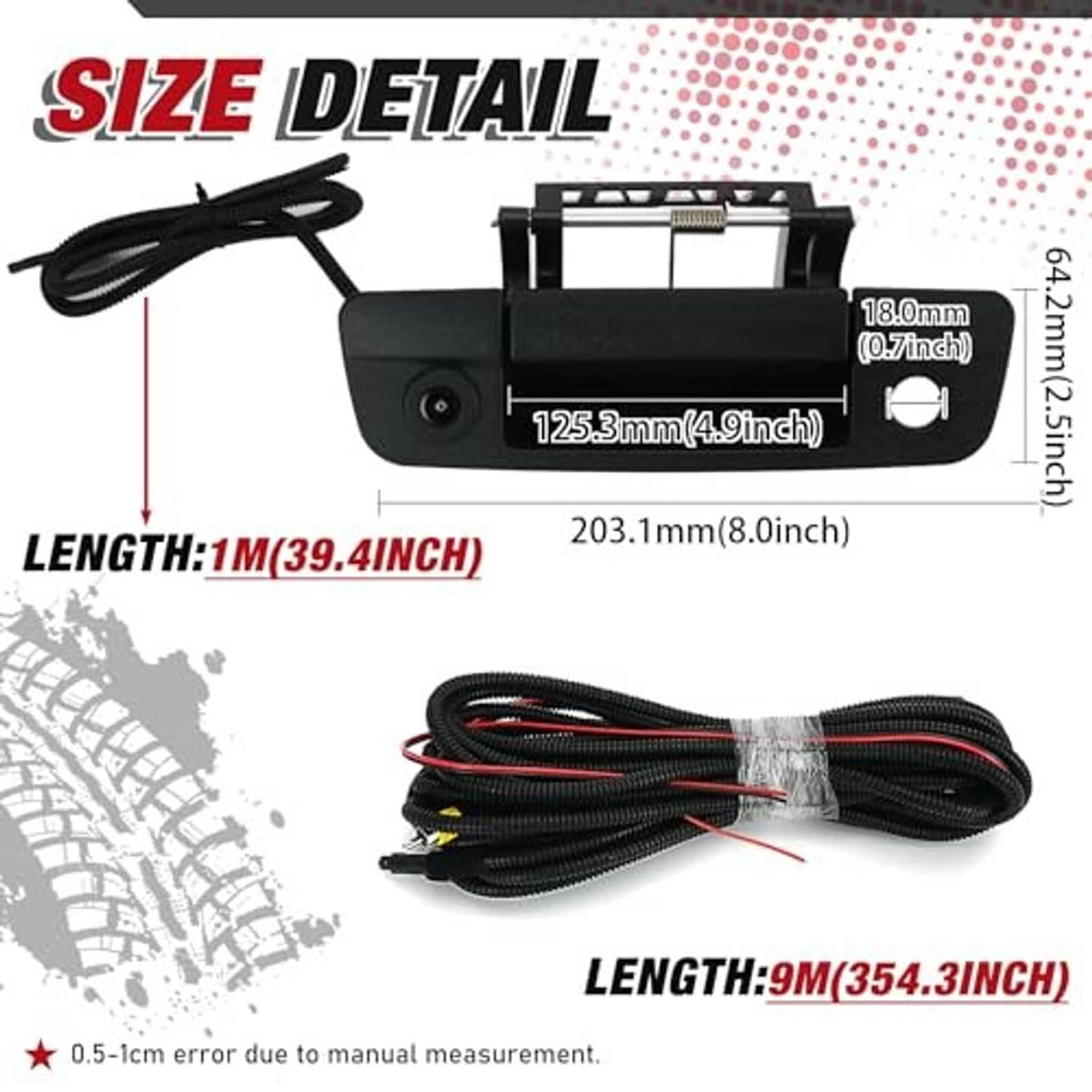 Rear tailgate handle camera module with mounting bracket and cable