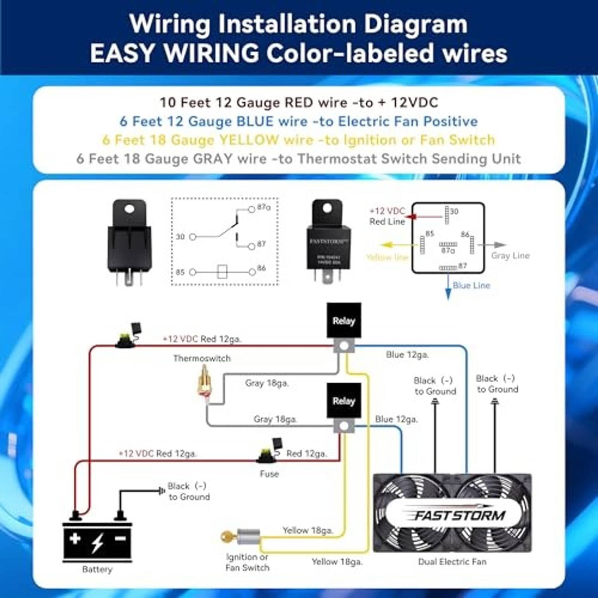 Wiring installation diagram with color-labeled wires, relay, fuse, and battery connections
