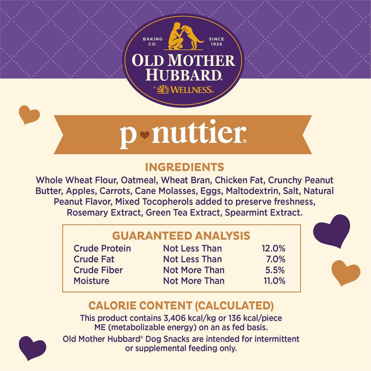 p’nuttier ingredients and guaranteed analysis panel for Old Mother Hubbard dog biscuits