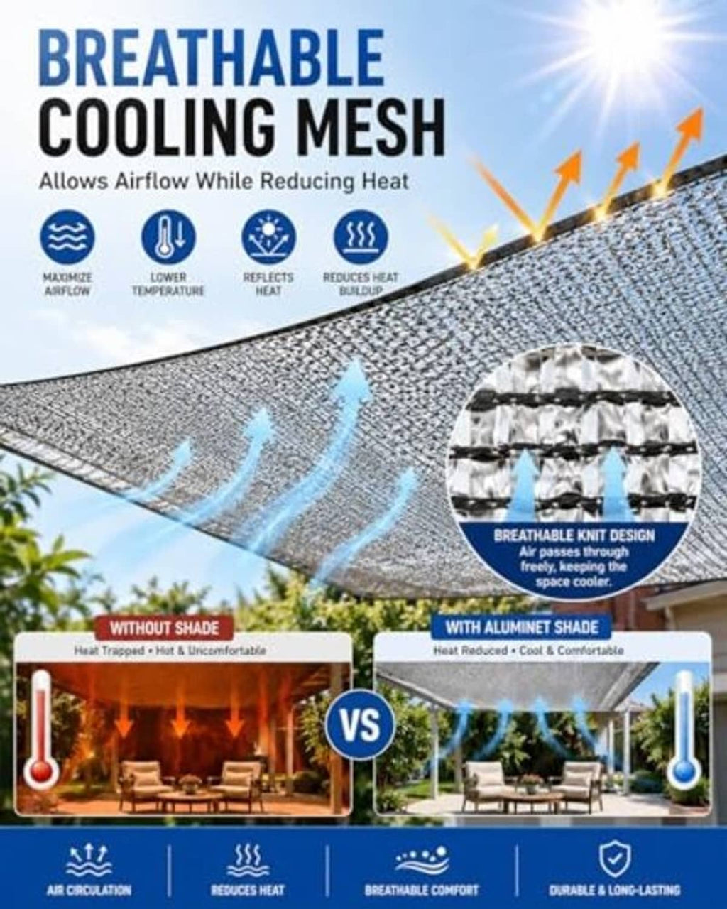 Reflective shade cloth cooling mesh panel, silver aluminum weave with seam edges