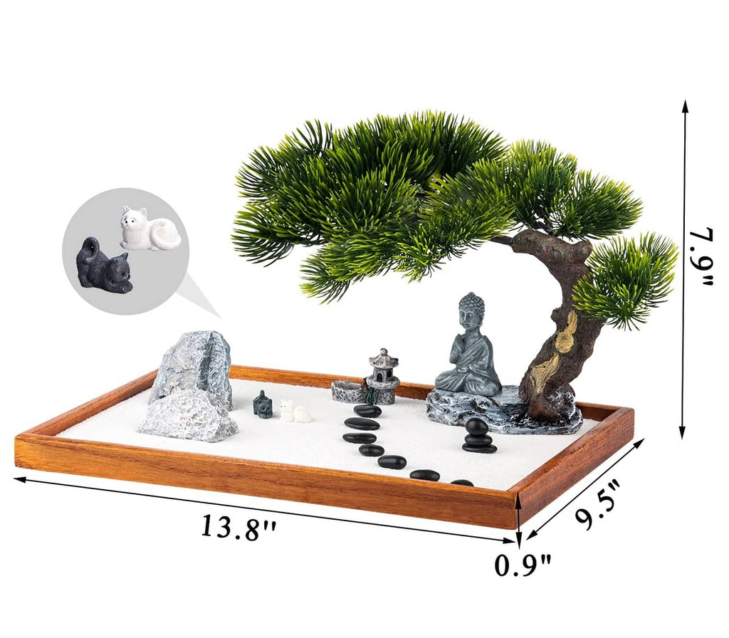 Mini zen garden kit desk tray with Buddha statue, rock pieces, pine tree, and stone set