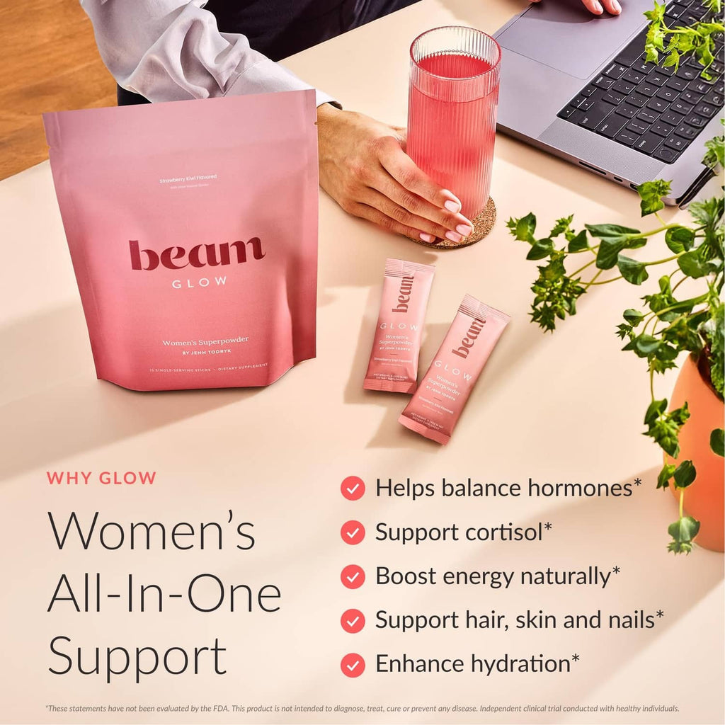 Beam Glow women’s supplement pouch with three pink stick sachets