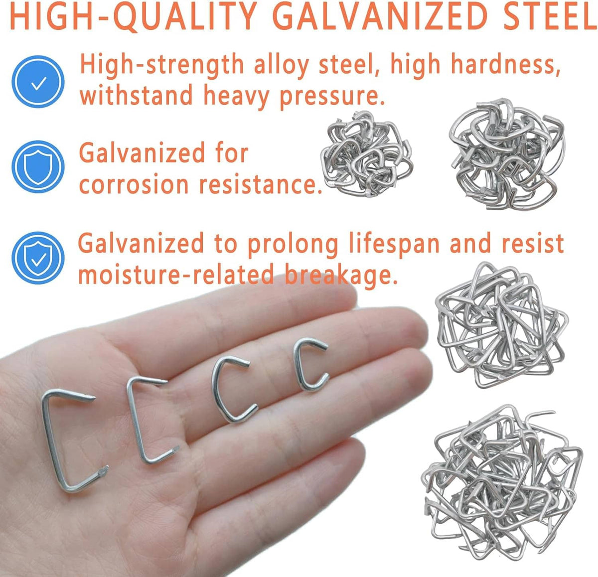 Galvanized hog rings, C-shaped steel links in a handful